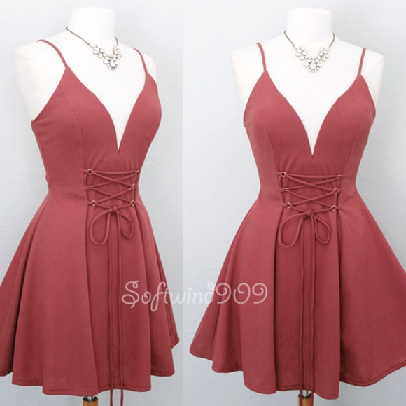 Rust Mauve Lace Up Corset Plunge Cute Skater Dress - Picture 2 of 8